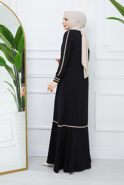 ESRE GİYİM Tesettür Gi̇yi̇m Medi̇ne İpeği̇ Black Ferace Cream Color Striped Ko Ri̇bana Cuffed Black