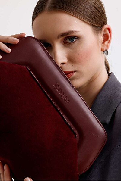 HEYBE'S Heybes Women's Burgundy Leather Detailed Suede Clutch Handbag