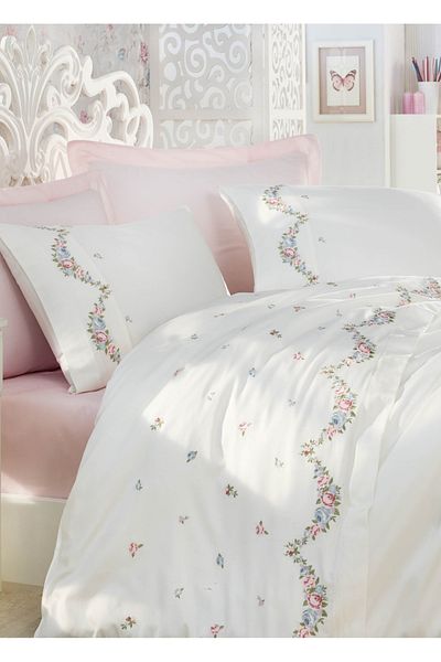 Dantela Lara Embroidered Double Cotton Satin Duvet Cover Set - Cream/Powder