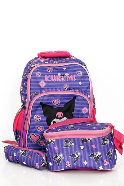 Moricha Set de suport triplu pentru pix și rucsac și cutie de prânz pentru școală primară și gimnazială cu imprimeu anime Kuromi pentru fete