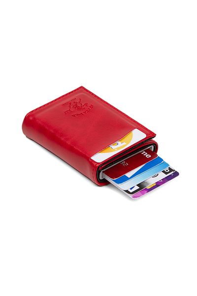 Newish Red Vegan Leather Women's Wallet - Aluminum Mechanism, Sled, Card Holder Coin Compartment (7.5X10Cm)