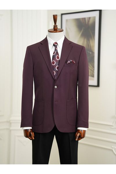 LONATOLİA Men's Premium Italian Style Slim Fit Men's Punto Stitched Bag Pocket Half Lined Jacket-Purple