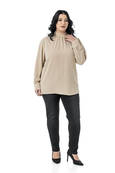 DISENTIS MODEST Plus Size Collar Back Button Stand Collar Draped Beige Blouse