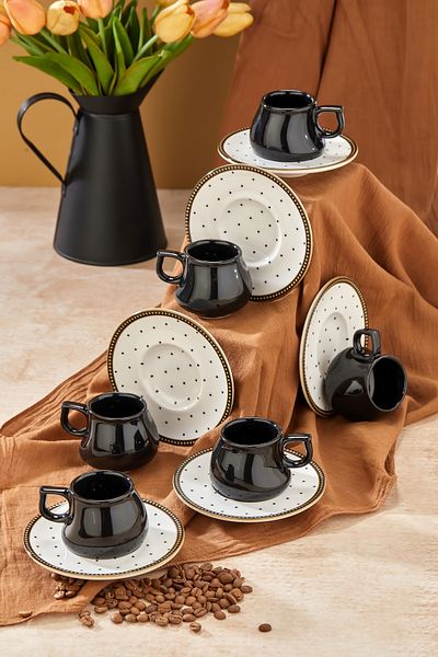 Babion Damla Prime 12-Piece Luxury Ceramic 6-Person Black Coffee Cup Set, Turkish Coffee Cup