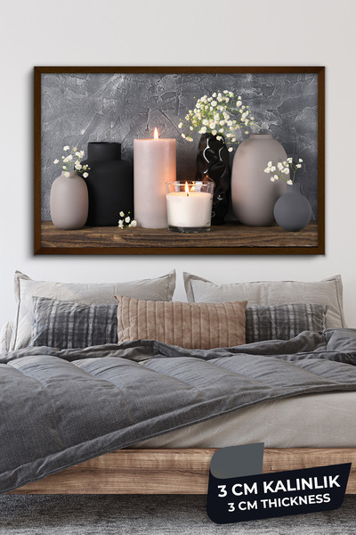 Evinemoda Mum Vazo Çiçekler Tek Parça Kahverengi Çerçeveli Kanvas - Canvas Tablo