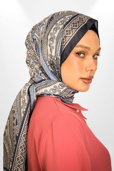 hijabchi Σειρά Ottomaria - Σκούρο Navy Blue Imported Voile Silk Retro Pattern Shawl - Νέες Συλλογές
