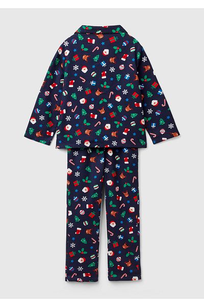 United Colors of Benetton Boy's Navy Blue All-Patterned Sleepwear Set with Chest Pockets and Elastic Waist