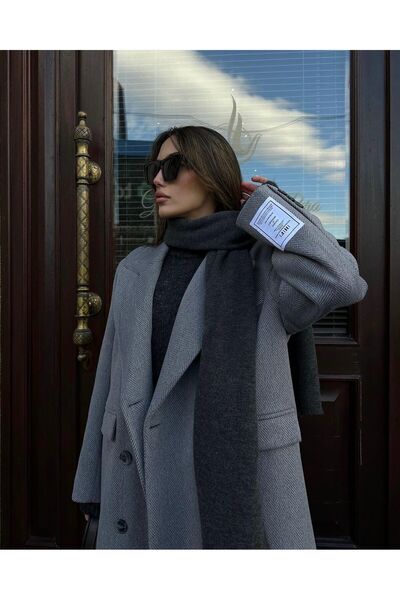 MELEK KOSTAK Kadın Oversize Premium Siyah Arma Detaylı Balıksırtı Kaban %78 Y...