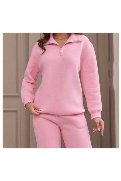 NEVEGE BUTİK SWEAT supradimensionat cu jumătate de fermoar pentru femei -pembee