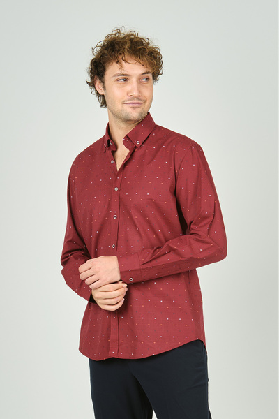 De Leone Men's Slim Fit Print Long Sleeve 100% Cotton Shirt 2045 Red