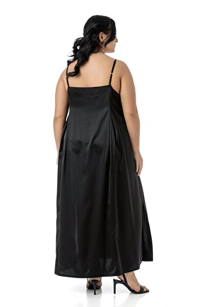 DISENTIS MODEST Plus Size Adjustable Thin Straps Deep Pleat Detail Slit Satin Long Black Dress