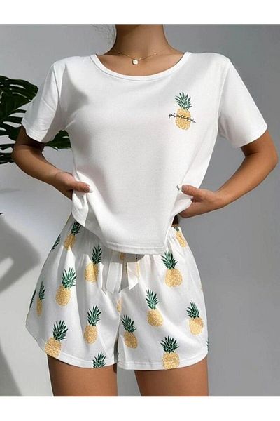 CES'Y LİNGERİE New Season Short Sleeve Ananas Pattern Shorts Suit