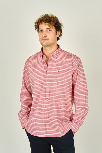 figs Men's Slim Fit Striped Long Sleeve 100% Cotton Shirt 0015 Red