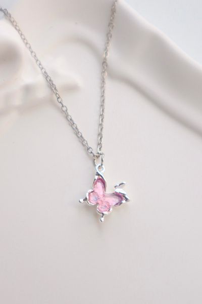 EFBUTİK Pink Butterfly Imported Necklace with Silver Color Chain