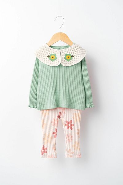 Banamio Laurette Baby Girl Floral Print Knitted Collar Textured Double Set