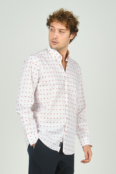De Leone Men's Slim Fit Long Sleeve Print 100% Cotton Shirt 2043 Red