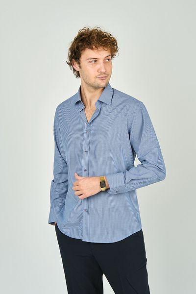 De Leone Μπλε ανδρικό πουκάμισο - Slim Fit, καρό σχέδιο, μακρύ μανίκι, 100% βαμβάκι 2062
