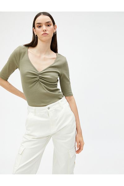 Koton Gather Detailed T-Shirt V-Neck Short Sleeve