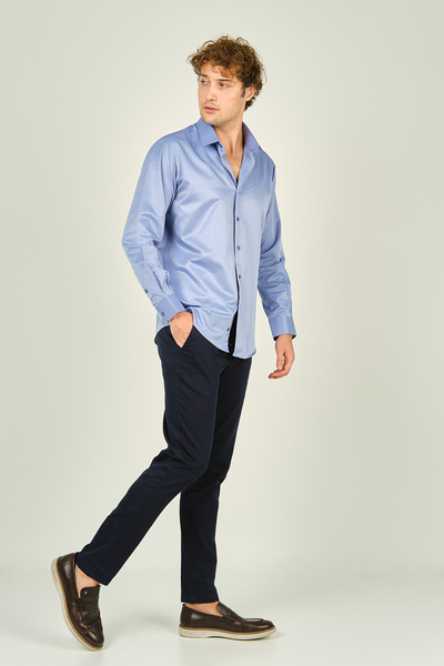 figs Чоловіча сорочка Slim Fit з довгими рукавами з бавовняної тканини з блиском 0013 Темно-синя