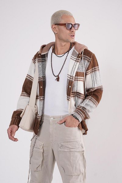 Butik TREND BIZ Unisex καρό πουκάμισο με κουκούλα με κουκούλα