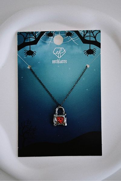 EFBUTİK Red Stone Lock Imported Necklace with Black Color Chain
