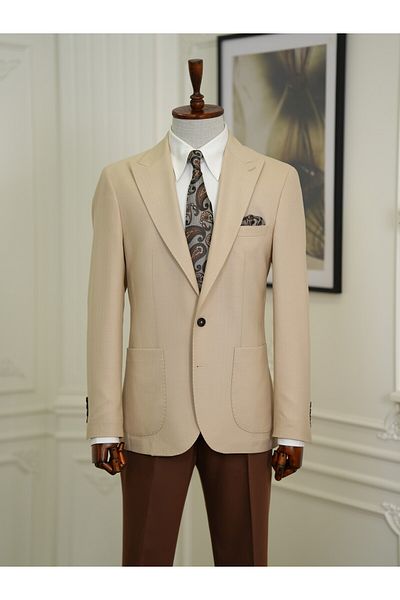 LONATOLİA Men's Slim Fit Italian Style Beige Jacket - Mono Collar, Bag Pocket, Punto Stitching, Unlined
