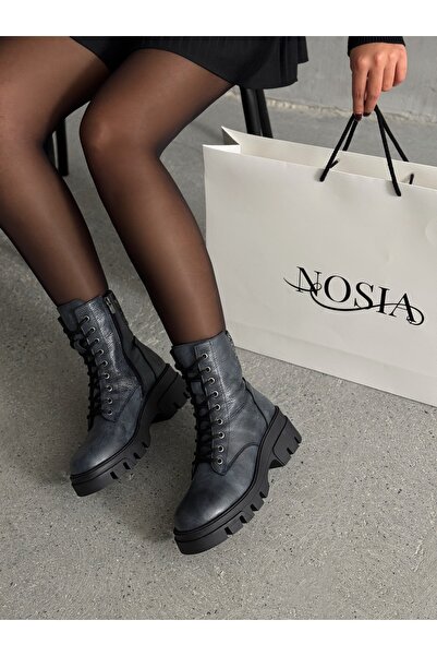 nosia fashion حذاء نسائي من الجلد الطبيعي بتصميم خاص برباط وسحاب