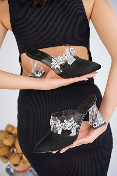 bulutmod Siyah Süet Kadın Şeffaf Topuklu Taşlı Abiye Gelin Çeyiz Terlik - Siy...