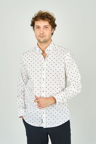 De Leone Ecru Men's Slim Fit Print Long Sleeve Cotton Shirt 2041
