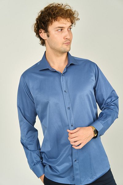 figs Мъжка риза индиго - слим крой, дълъг ръкав, памук, лъскава материя 0013