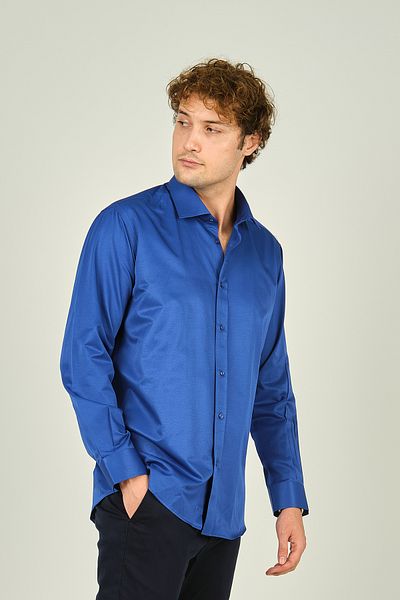 figs Мъжка тъмносиня риза Slim Fit от лъскав памук - дълъг ръкав 0013