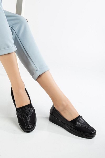 Dilimler Ayakkabı Large Size Genuine Leather Women's Daily Orthopedic Shoes Black Side Stretch