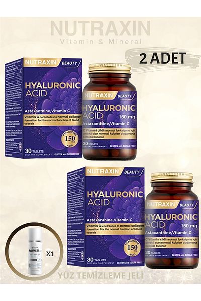 Nutraxin Hyaluronic Acid and Vitamin C 30 Tablets - Supplementary Food with Astaxanthin (2 Pieces)