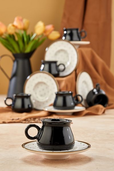 Babion Black 12-Piece Luxury Ceramic 6-Person Coffee Cup Set, Black Coffee Cup