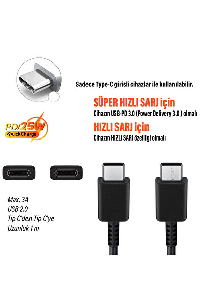 Samsung Şarj Aleti ve TYPE C Kablosu 25W Süper Hızlı Type-C Şarj Adaptörü ve Kablo T2510 DA705