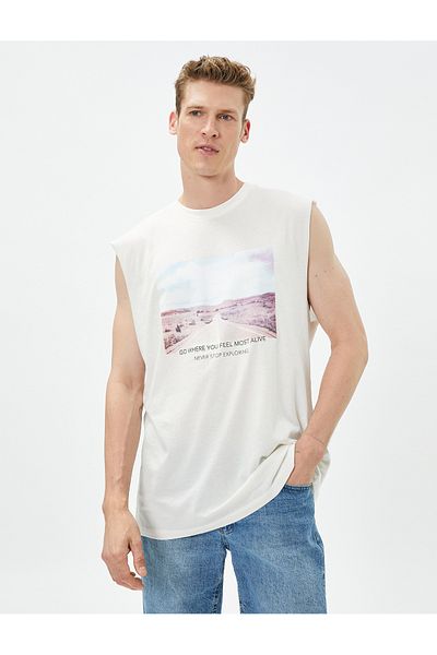 Koton Undershirt Slogan Printed Wide Sleeve Cut Crew Neck Cotton