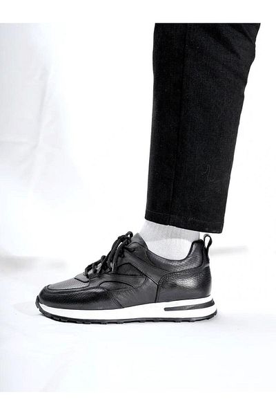 TETRİ Vios Model Genuine Leather Handmade Black Men's Sneakers