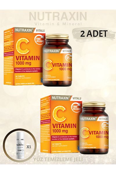 Nutraxin Vitamin C 1000 Mg 30 Tablets Supplement with Vitamin C. (2 Pcs)+ Face Cleaning Gel
