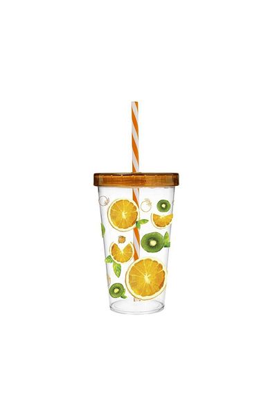 Herevin 660 cc Flat Lid Colorful Fruit Patterned Glass with Straw