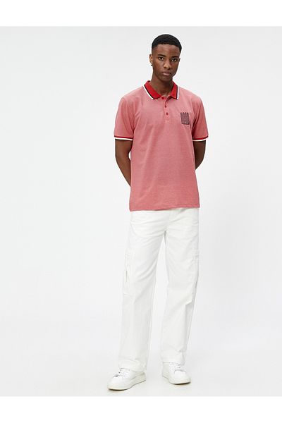 Koton Slim Fit Polo Neck T-Shirt - Buttoned and Slogan Embroidered