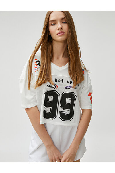 Koton Crop T-Shirt Κοντομάνικο με εμπριμέ V-λαιμόκοψη