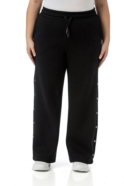 DISENTIS MODEST Plus Size Black Sweatpants with Elastic Waist and String Drawstring Sides with Ornamental Snap Detail