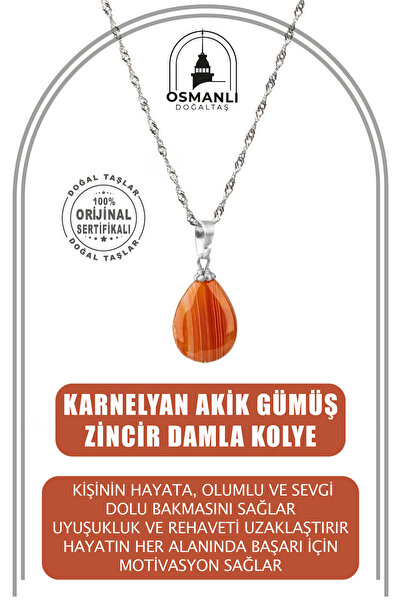 OSMANLI DOĞAL TAŞ Karnelyan Akik Doğal Taş Gümüş Zincir Damla Kolye