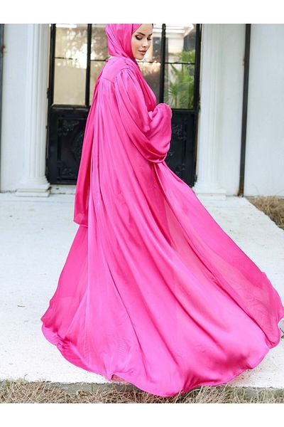 Modamorfo Σετ 3 τεμαχίων Crinkle Silk Satin Abaya - φούξια