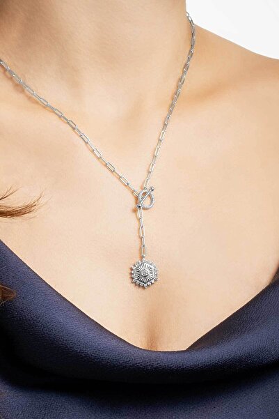So CHIC... Ayçiçeği 18 Ayar Beyaz Altın Kaplama 45 Cm Gümüş Y Kolye
