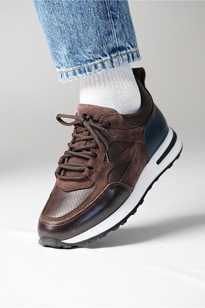 TETRİ Vios Model Genuine Leather Handmade Brown Men's Sneakers