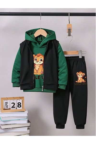 MORNİNG KİDS Chłopięcy zestaw 3 sztuk: kamizelka, bluza, dres, nadruk z lwem, zapinana na suwak