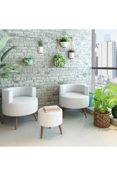 Ayd Grup Beyaz Çay Seti İkili Koltuk Berjer ve Puf Takımı (Salon, Balkon, Ofi...