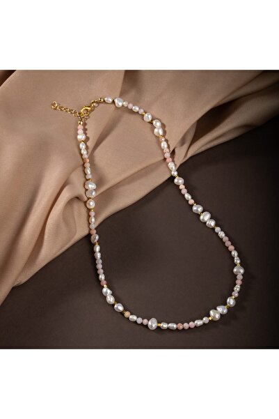 OSMANLI DOĞAL TAŞ İnci-Pembe Opal Doğal Taş Altın Kaplama Kapama Kolye