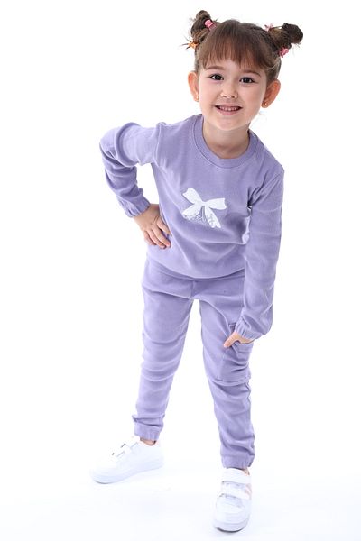 ZUZUNGA Camisole Bow Embroidered Cargo Pocket Detailed Girls' Set Lilac Age 3-8